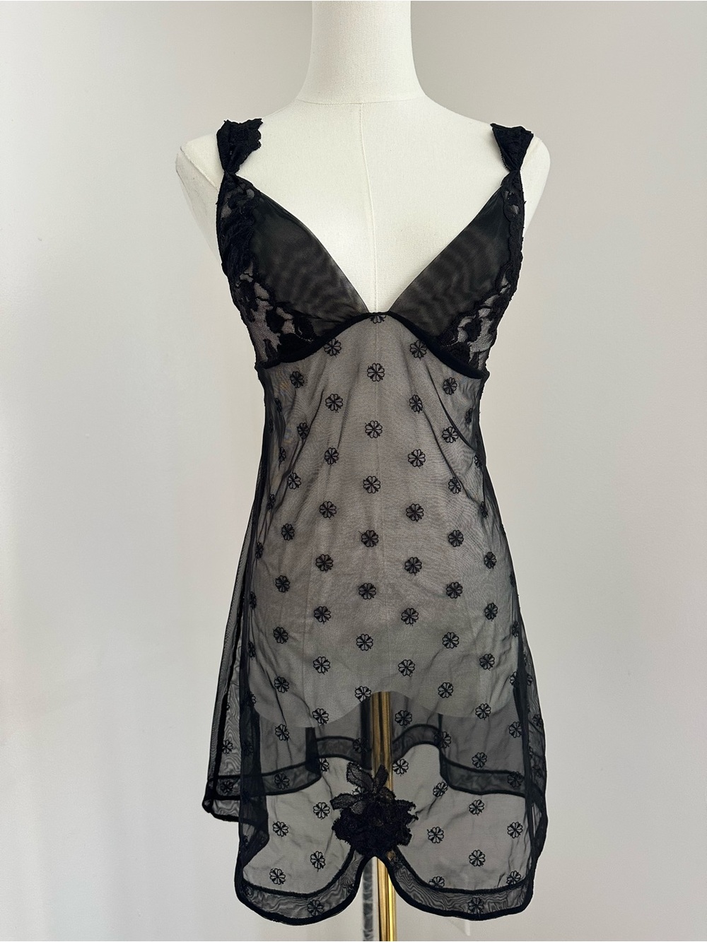 La Perla Black Sheer Lace Chemise with Floral Embroidery